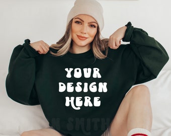 Gildan 18000 Forest Green Crewneck Mockup, Gildan Crewneck Mockup, Crewneck Mockup, Model Mockup, Sweater mockup, Street Style Green Gildan