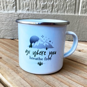 go where you breathe free® mug - butterflies rising quote - 12oz enamel campfire mug