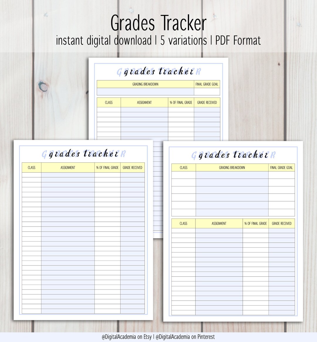 Grades Tracker Student Planner Printable 5 Variations Digital Download ...