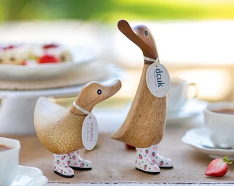 Natural Wood Ducky and Duckling with Strawberry printed welly boots