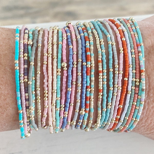 Summer mix 14kt Gold filled color beaded bangle stack bracelets in fun summer colors.