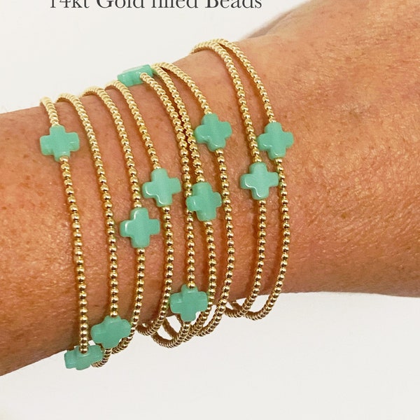 Super cute stylish Goldfilled Beaded Turquoise colored cross bracelet