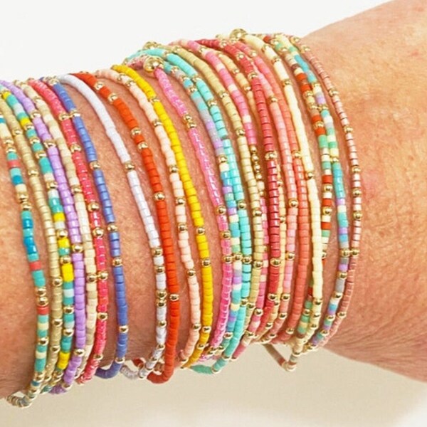 Summer mix 14kt Gold filled color beaded bangle stack bracelets in fun summer colors.