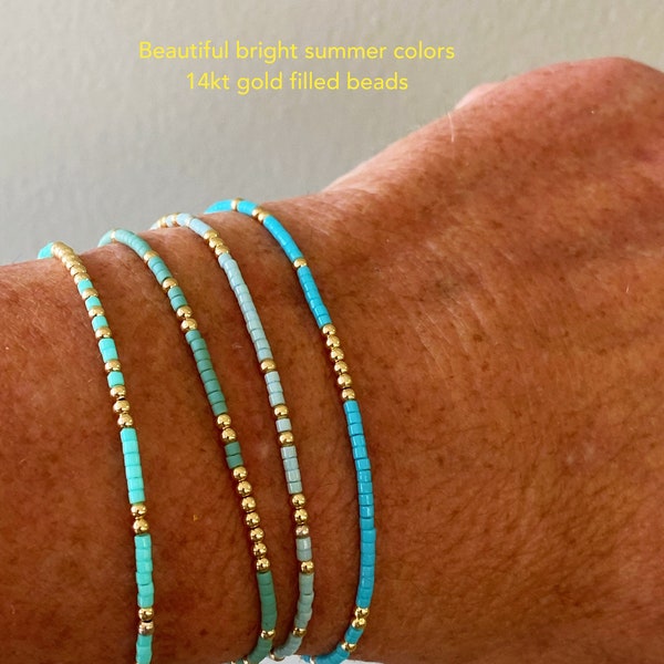 4 Bright summer colored gold filled beaded stack bracelets bangles