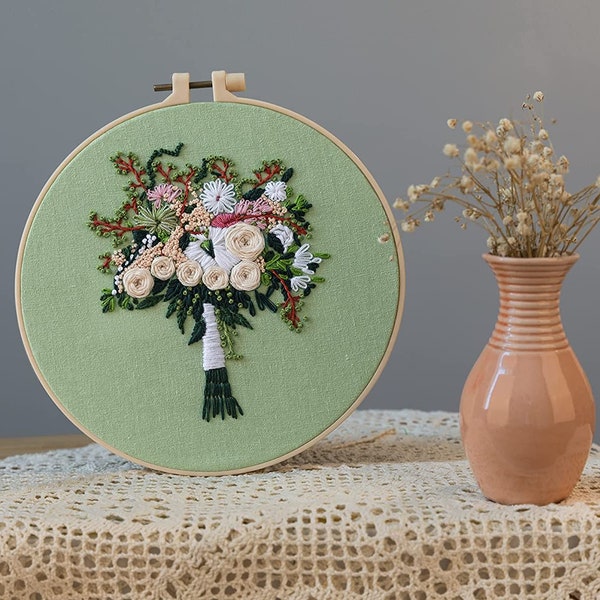 Bouquets- Hand Embroidery DIY Kit for beginner Not Cross Needlework Hoops Needle Threader and Frame Easter gift, birthday gift