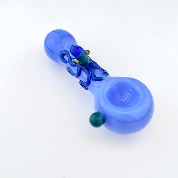 Octopus on Milky Blue Pipe - Octopus Pipe | Glass Pipe | Glass Octopus | Animal Pipes | Cute Pipes | Octopus Glass Pipes | Octopus Gifts