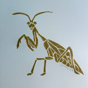 PRAYING MANTIS mini block print - linocut - handprinted - wall art - insect art - original design - handcut - square format - handpressed