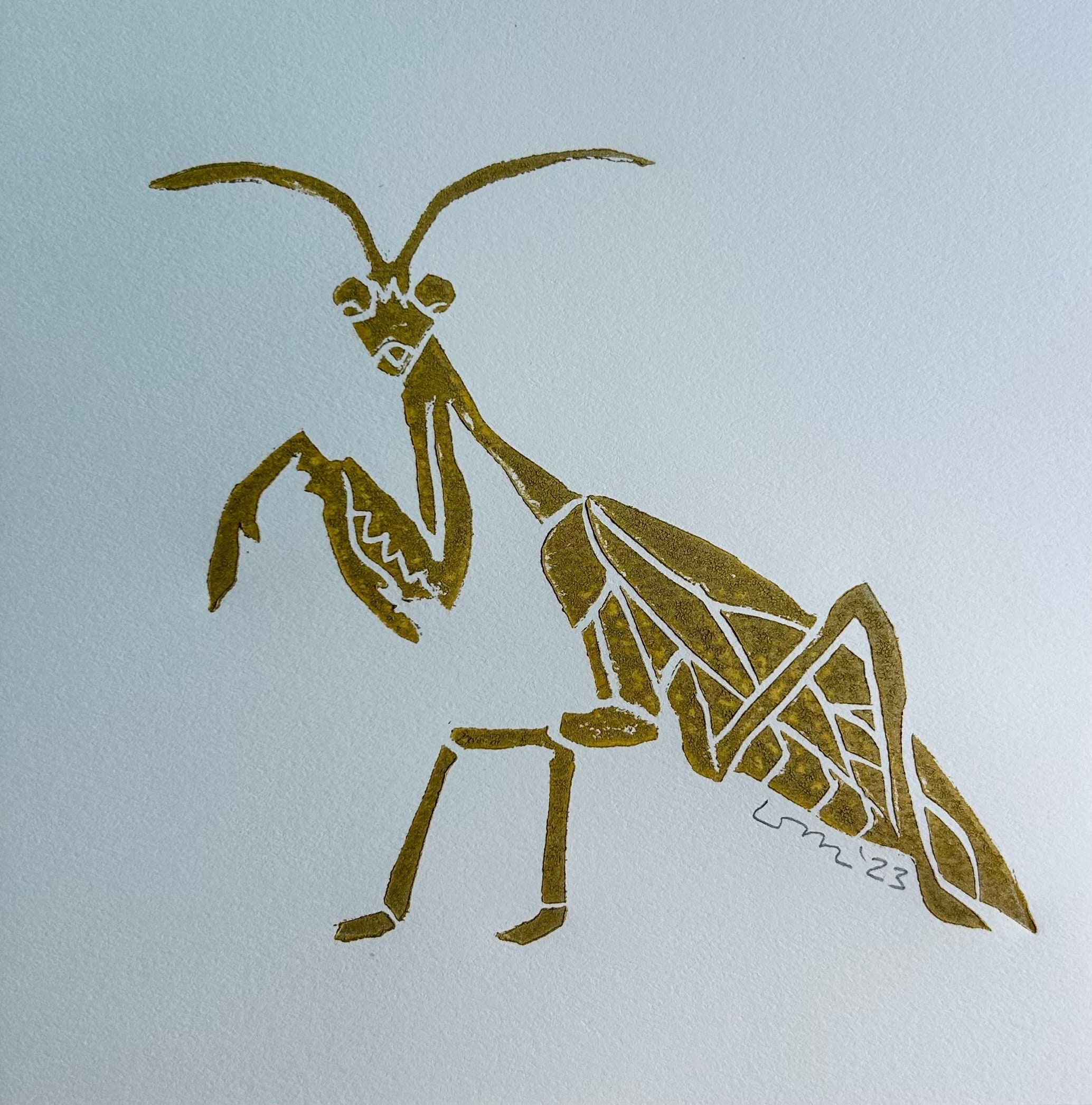 Praying Mantis Block Print – Handprinted Gold Insect Art - Etsy