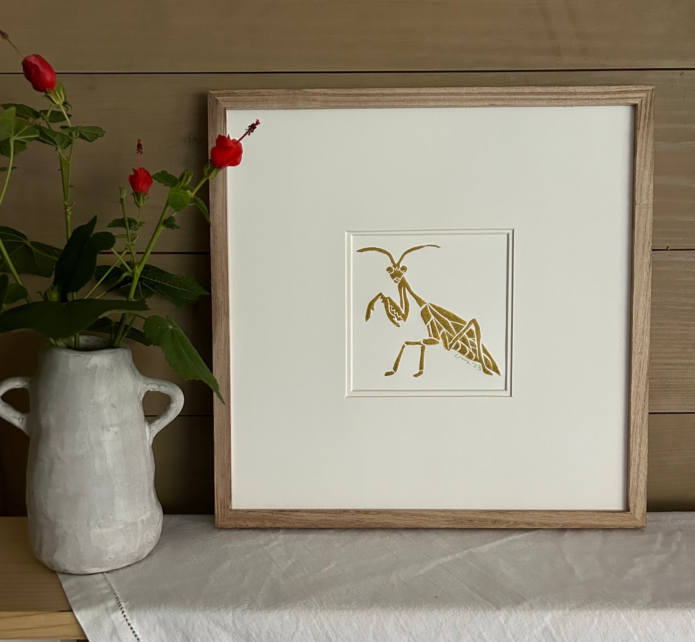 Praying Mantis Block Print – Handprinted Gold Insect Art - Etsy