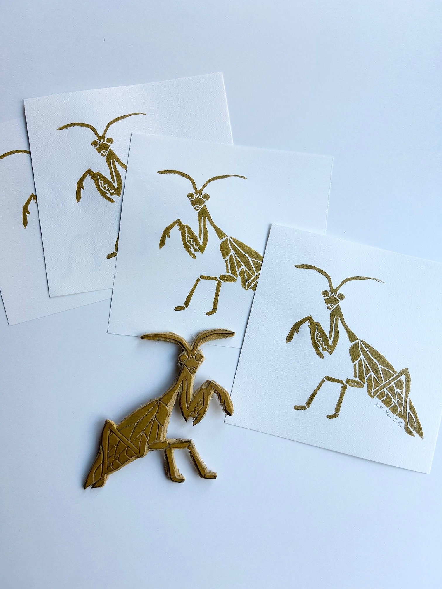 Praying Mantis Block Print – Handprinted Gold Insect Art - Etsy