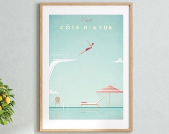 Cote d'azur Poster , French Riviera Print , Vintage Poster , Henry Rivers Art Print , Travel Print , Art Deco Poster , Swimming Art