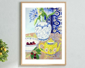 Chinoiserie Watercolour Framed Print,  Wall Art, Blue Painting , Flowers Still Life, Waterlillies , Botanical Art 12x16 18x24 24x32 inch