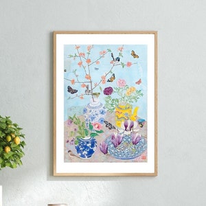 Chinoiserie Watercolour Framed Print,  Painting Wall Art , Flowers Still Life, Plant Wall Decor , Botanical Art, 12x16 18x24 24x32 inch