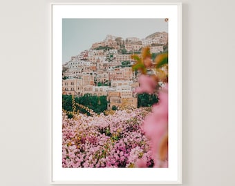 Italy Wall Art , Amalfi Coast Print , Positano Print , Pink Home Decor , Boho Framed Wall Art , Flower Print , Photography Print