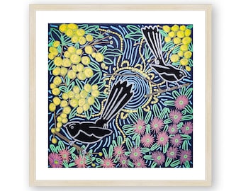 アボリジニの額入りプリント、鳥と花の壁アート、現代的な壁の装飾