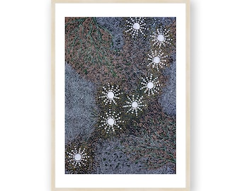 Quadro artístico aborígine com moldura, pintura das Sete Irmãs, decoração indígena.