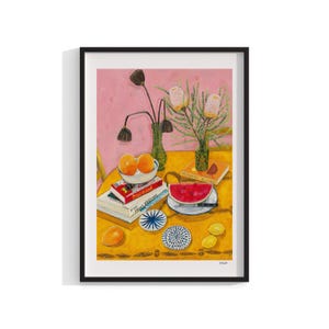 Still Life Print | Framed Wall Art | Floral Print | Flower Art | Australian Art | Kitchen Decor | Banksia Plant | Pink Painting | Watermelon