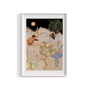 May include: A framed art print featuring an illustration of two figures dancing under a night sky with a full moon. The figures are in motion, with one wearing a rust-colored top and the other in a patterned outfit. A decorative vase with plants is in the background.