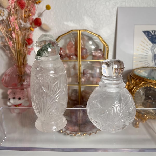 Hand Carved Himalayan Quartz Bottles with Removable Lid with Chlorite, Rainbows, Etc.