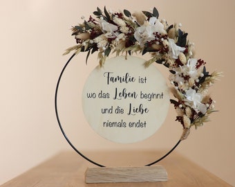 Trockenblumenkranz stehend 25cm - Massiv Eichenholz - Familienspruch-FlowerHoop - Geschenkidee - Blumendeko - Dekoration -Muttertagsgeschenk