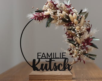 Trockenblumenkranz stehend 20cm, Fuß aus Eichenholz massiv Dekoration, home, Welcome, Olivenblätter, personalisiert