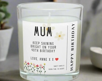 Happy Birthday Mum Flowers Personalised Candle | Birthday Gifts for Mum | Mother Birthday Candle | Happy Birthday Mum Message Custom Candle