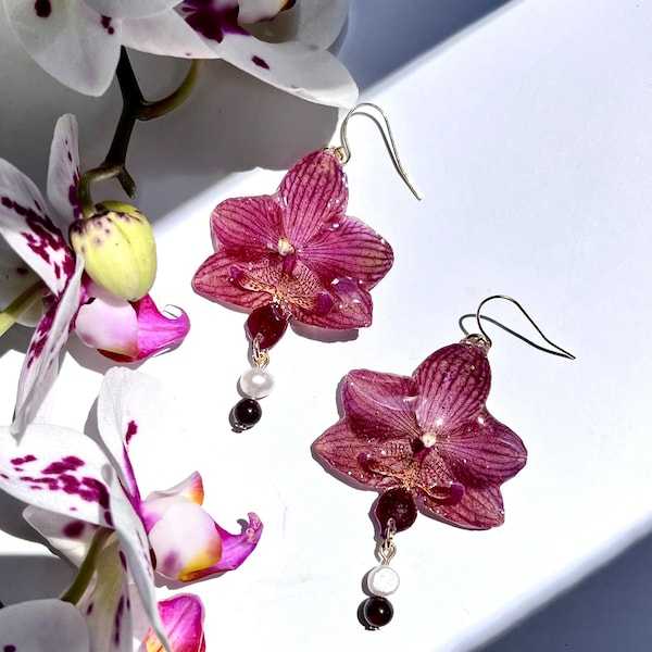 Preserved Orchid Earrings · Freshwater Pearl · Garnet · Mother's Day Gift · Crystals · Wedding Jewelry · Hypoallergenic