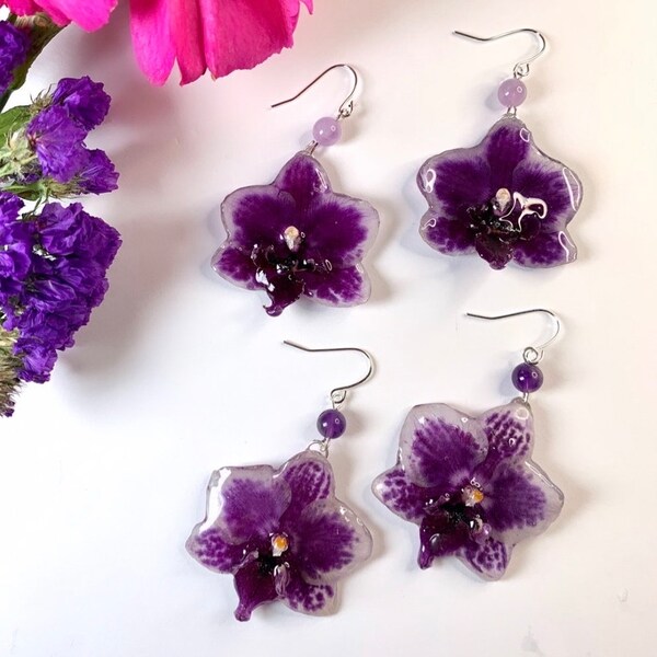 Preserved Orchid Earrings · Rose Quartz · Amethyst · Garnet · Mother's Day Gift · Crystals · Wedding Jewelry · Hypoallergenic