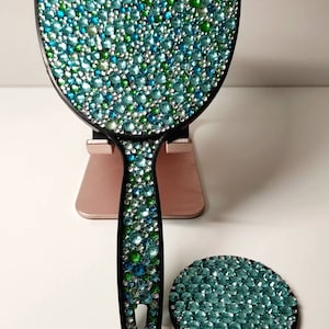 Mirror, handmade, blue and green mirror, gift,beauty mirror, rhinestone mirror, handheld mirror, gift for her, bridesmaid gift, Christmas