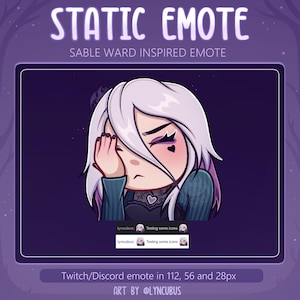 Può includere: Illustrazione digitale di un personaggio in stile anime triste con capelli bianchi e un cuore nero sulla guancia. L'immagine include il testo "STATIC EMOTE" e "SABLE WARD INSPIRED EMOTE". L'emote è progettata per Twitch e Discord.