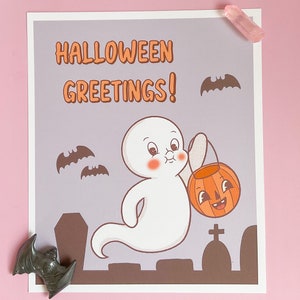 Wydruk artystyczny z pozdrowieniami na Halloween z Casperem, Casper, przyjazny duch, Halloween, kicz, retro, vintage, komiks, prezent, dekoracja ścienna, straszny sezon