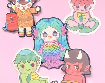 Yokai Sticker Set, japanese folklore, ghosts, kawaii, kappa, yurei, waterproof, oni, amabie, hitotsume kozo, journaling, stationery