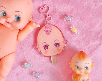 Kewpie popscicle acrylic keychain, pastel, kawaii, babydoll, angel, aesthetic, purse, gift, kitsch, vintage inspired, retro, doll