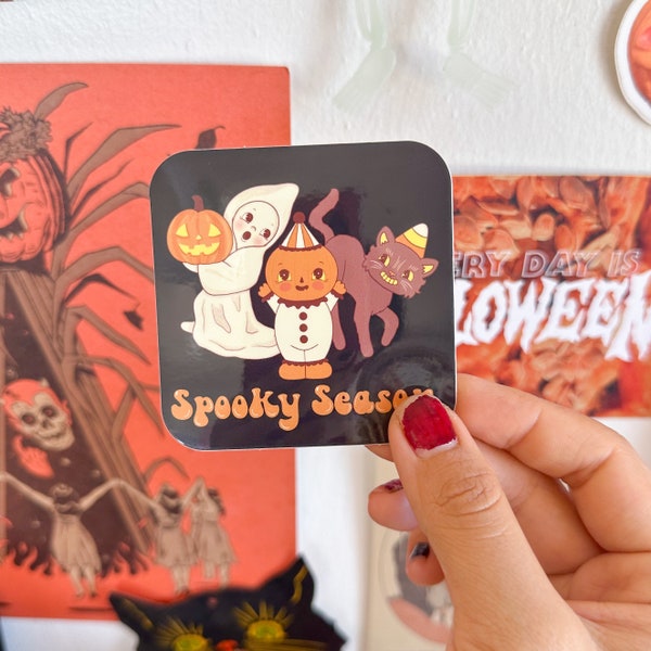 Spooky Season sticker, vintage halloween, spooky season, waterproof, pumpkins, ghost, black cat, vintage inspired, kawaii, anthropomorphic