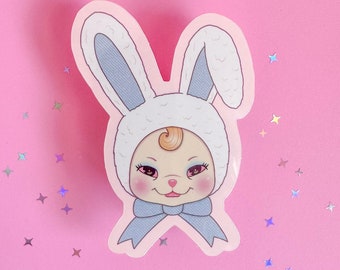 Sticker lapin Rushton, imperméable, printemps, Pâques, lapin, cadeau, visage en caoutchouc, kitsch, d'inspiration vintage, printemps