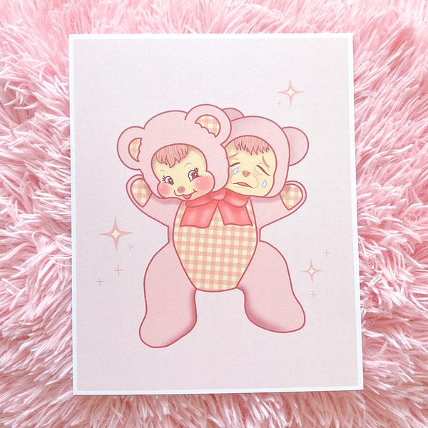 2-headed Rushton bear art print, rushtons, vintage inspired, gift, kawaii, pink aesthetic, crybaby, K-12, melanie martinez, nursery, baby