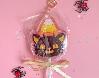 Hex the kitty lollipop acrylic keychain, Halloween, spooky season , black cat, candycorn, accessories, decor, kitsch, vintage inspired
