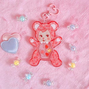 Rushton Herz Bär Acryl Schlüsselanhänger, Valentinstag, Vintage inspiriert, Herzen, Teddybär, glücklich, Kitsch, Pastell, Geschenk