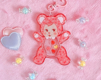 Rushton heart bear acrylic keychain, rubber face doll, valentines day, vintage inspired, hearts, teddy bear, happy, kitsch, pastel, gift