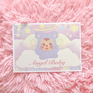 Angel Baby Rushton bear art print, vintage inspired, kawaii, pastel, gift, rushton doll, rubber face bear, nursery, baby, babyshower, angel
