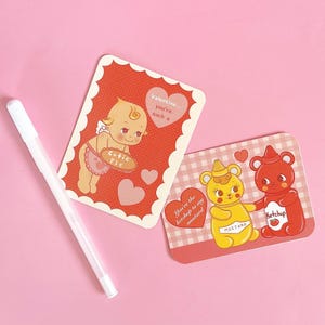 2 mini biglietti di San Valentino, kewpie, kitsch, ispirazione vintage, retrò, biglietti di auguri, regalo, amore, estetica, rosso