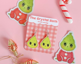 Baby Grinchmas Acrylic earrings, holiday, green, gift, kawaii, kitschy, mr.grinch, christmas, dangle earrings, jewelry, gift for her