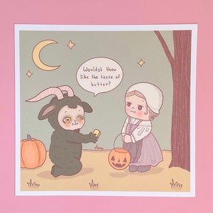 The Witch Thomasin & Black Phillip art print, wall hanging, kewpies, spooky, folktale, folkart, cottagecore, gift, farm, witchy, butter