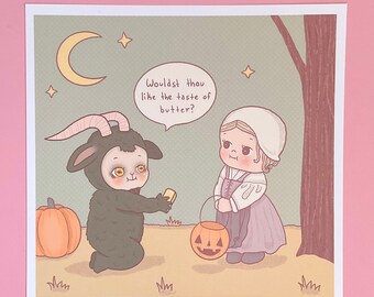 The Witch Thomasin & Black Phillip art print, wall hanging, kewpies, spooky, folktale, folkart, cottagecore, gift, farm, witchy, butter