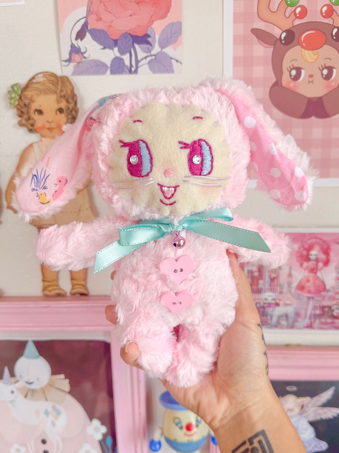 Pink Handmade Kitschy Bunny Plush, Kawaii, Baby Pink, Nursery, Babydoll