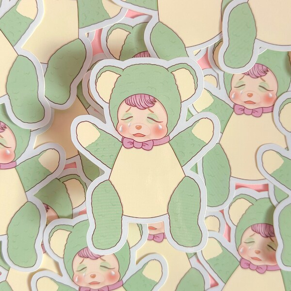 Scrappy Rushton bear sticker, sad face, crying bear, kitsch, kitschy, kawaii, pastel, mint green, rushton company, vintage isnpired, dolls