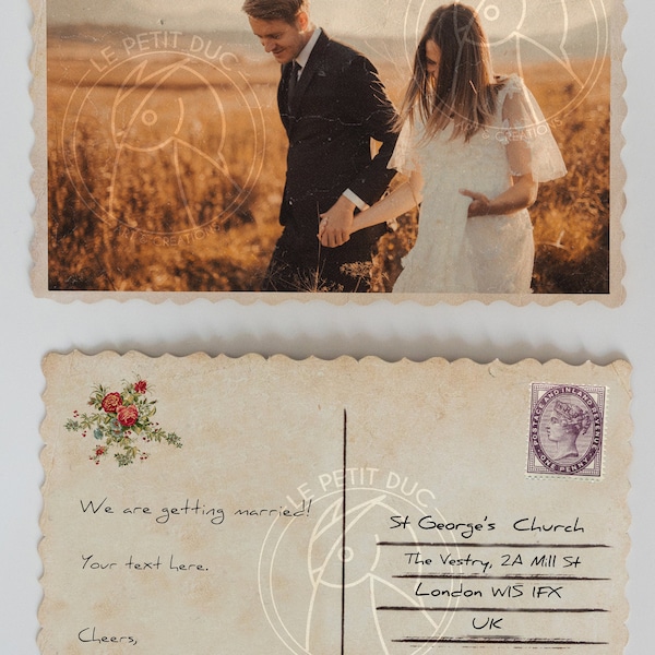 Cartes postales vintage personnalisable bord festonné dentelé , idée originale faire-part de mariage , baptême  , carte de vœux customisable