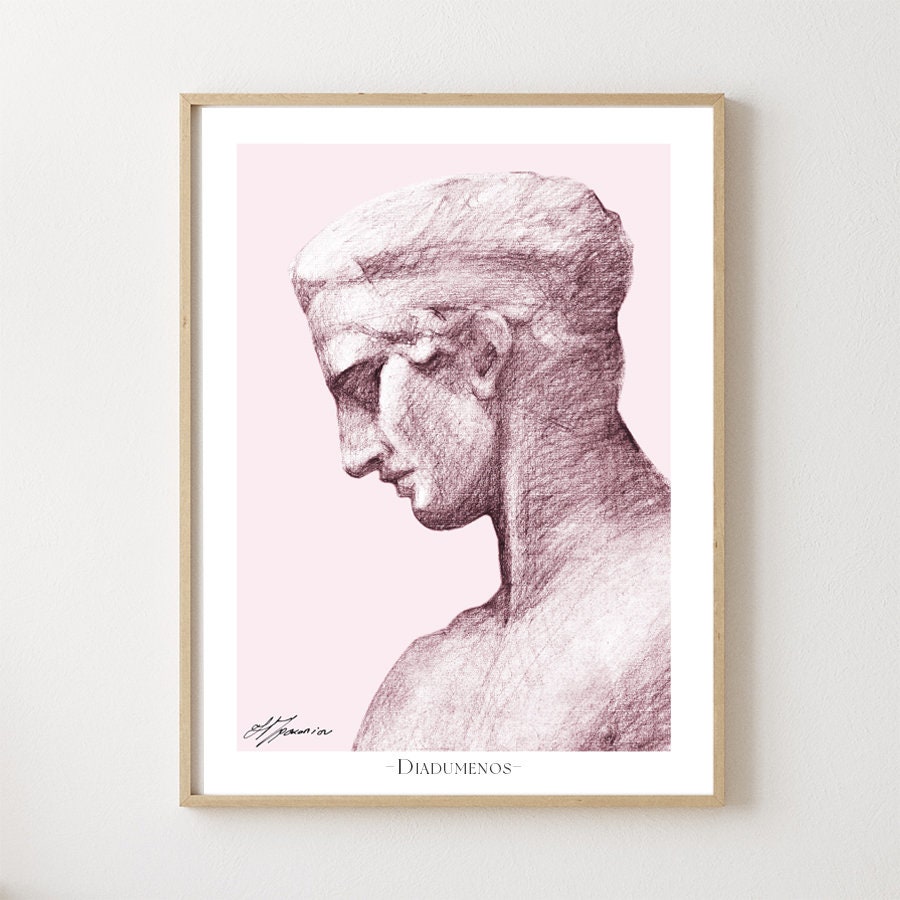 Diadumène Portrait Affiche Fond Rose 30x40/40x50 Art Moderne. Illustration Buste Rose. Grèce Antique