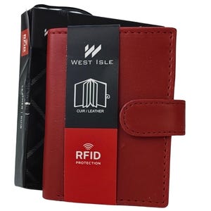 Cartera Fossil West Isle de piel auténtica con RFID para hombre, color rojo cereza y negro, con parche de velcro. Regalos, Navidad, recuerdos de vacaciones, cumpleaños.