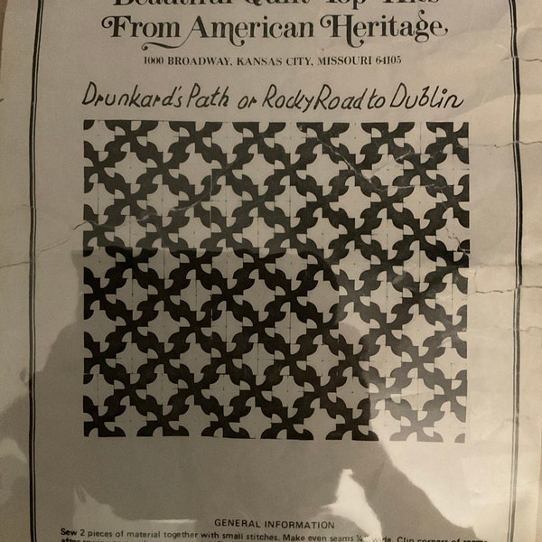 Vintage quilt top kit by AMERICAN HERITAGE. Drunkards Path or Rocky Road to Dublin. Pre-cut fabric in historical print. Rare.